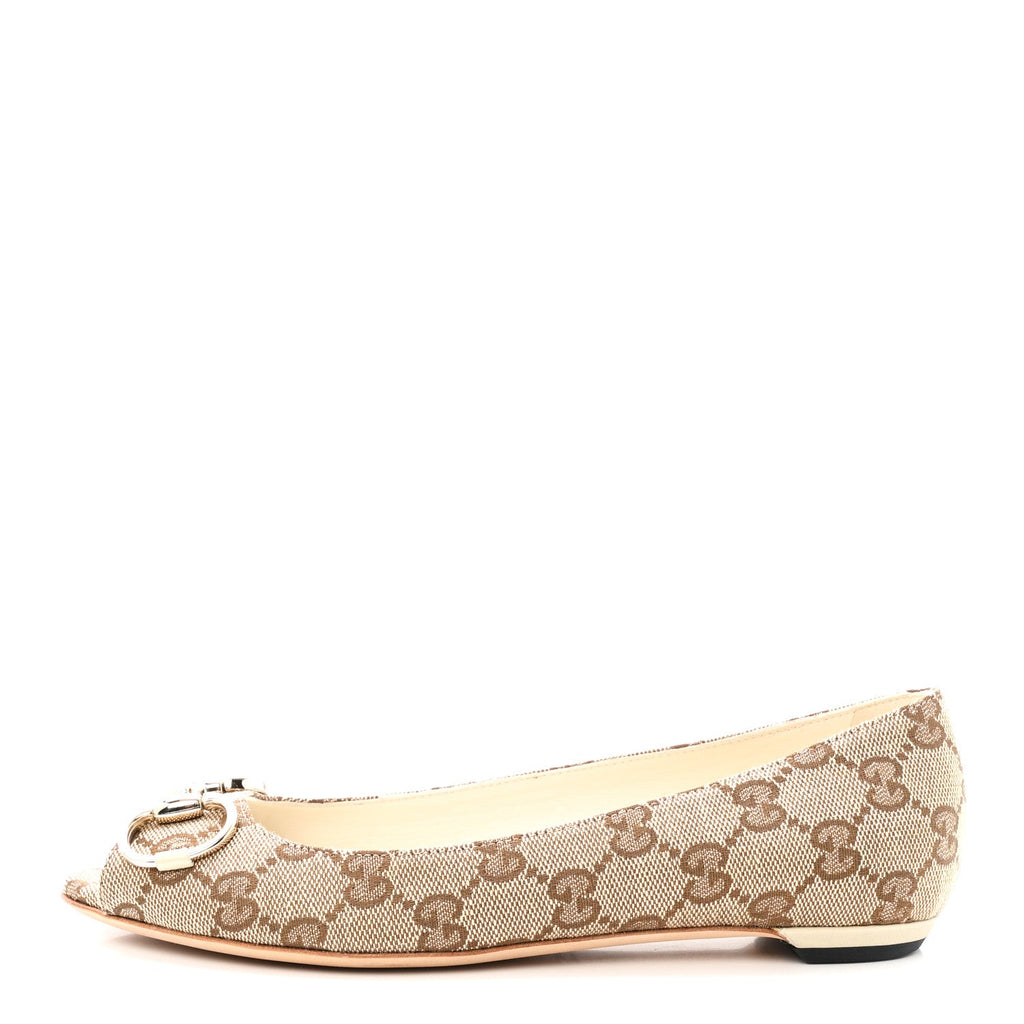 Gucci - Monogram Miro Soft Calfskin Horsebit Peep Toe Flats 6 Beige Ebony Mystic White