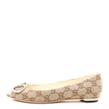 Gucci - Monogram Miro Soft Calfskin Horsebit Peep Toe Flats 6 Beige Ebony Mystic White