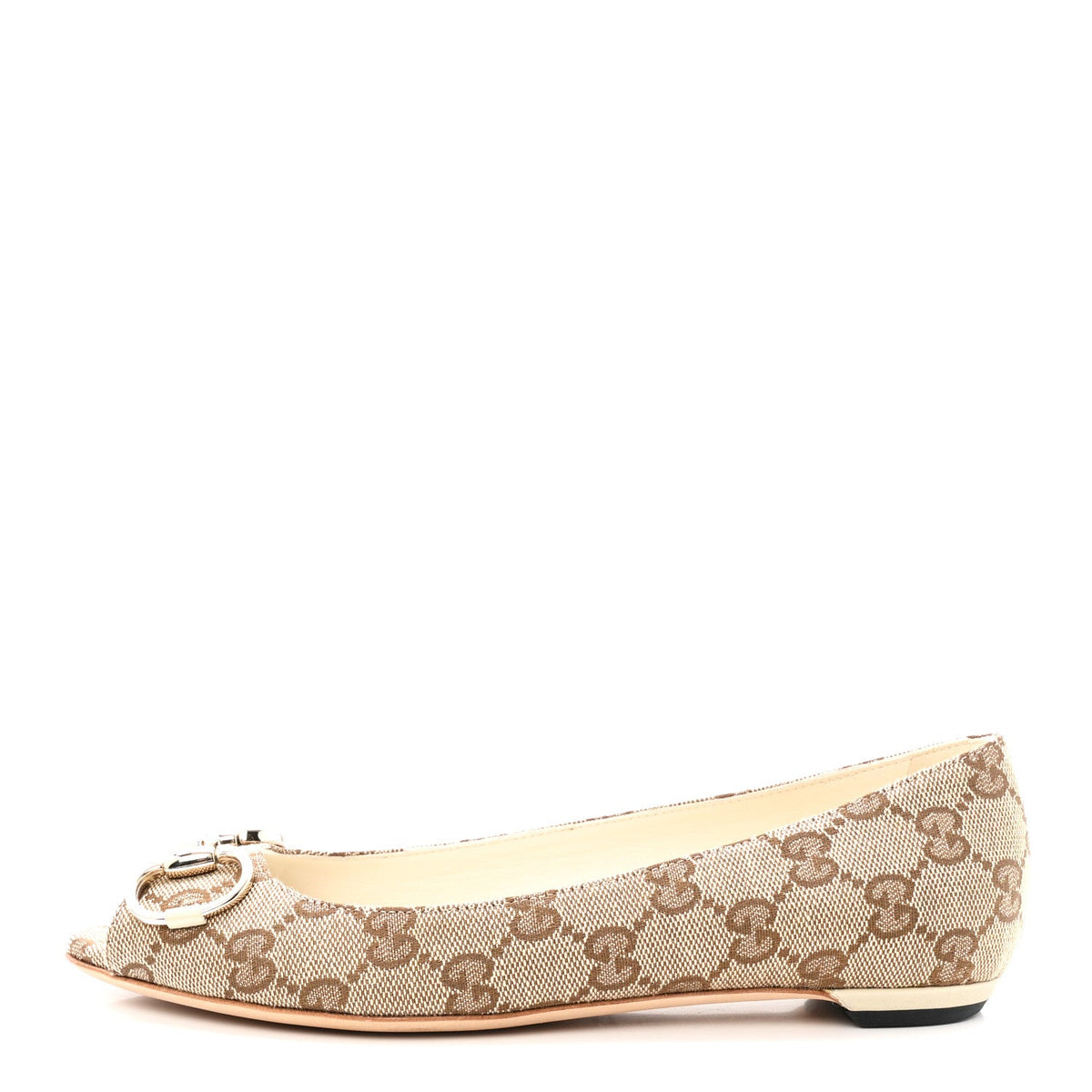 Gucci - Monogram Miro Soft Calfskin Horsebit Peep Toe Flats 6 Beige Ebony Mystic White