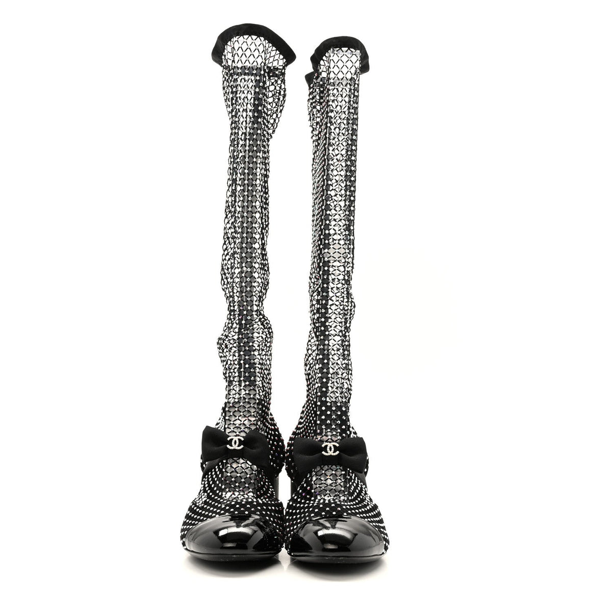 Chanel - Mesh Crystal Patent CC Bow High Boots