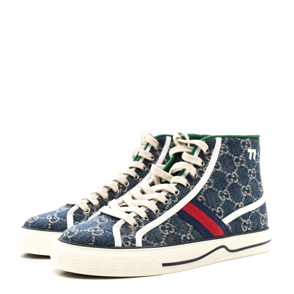 Gucci - New Denim GG Monogram Web 1977 Tennis High Top Sneakers 7.5 Blue Tea Mystic White