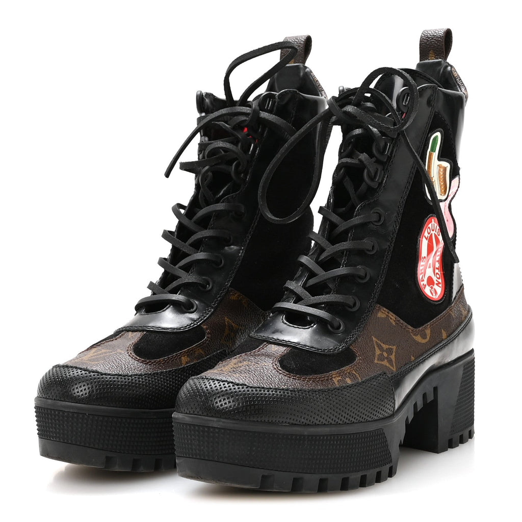 Louis Vuitton - Suede Calfskin Monogram LV Black Heart Laureate Platform Desert Boots