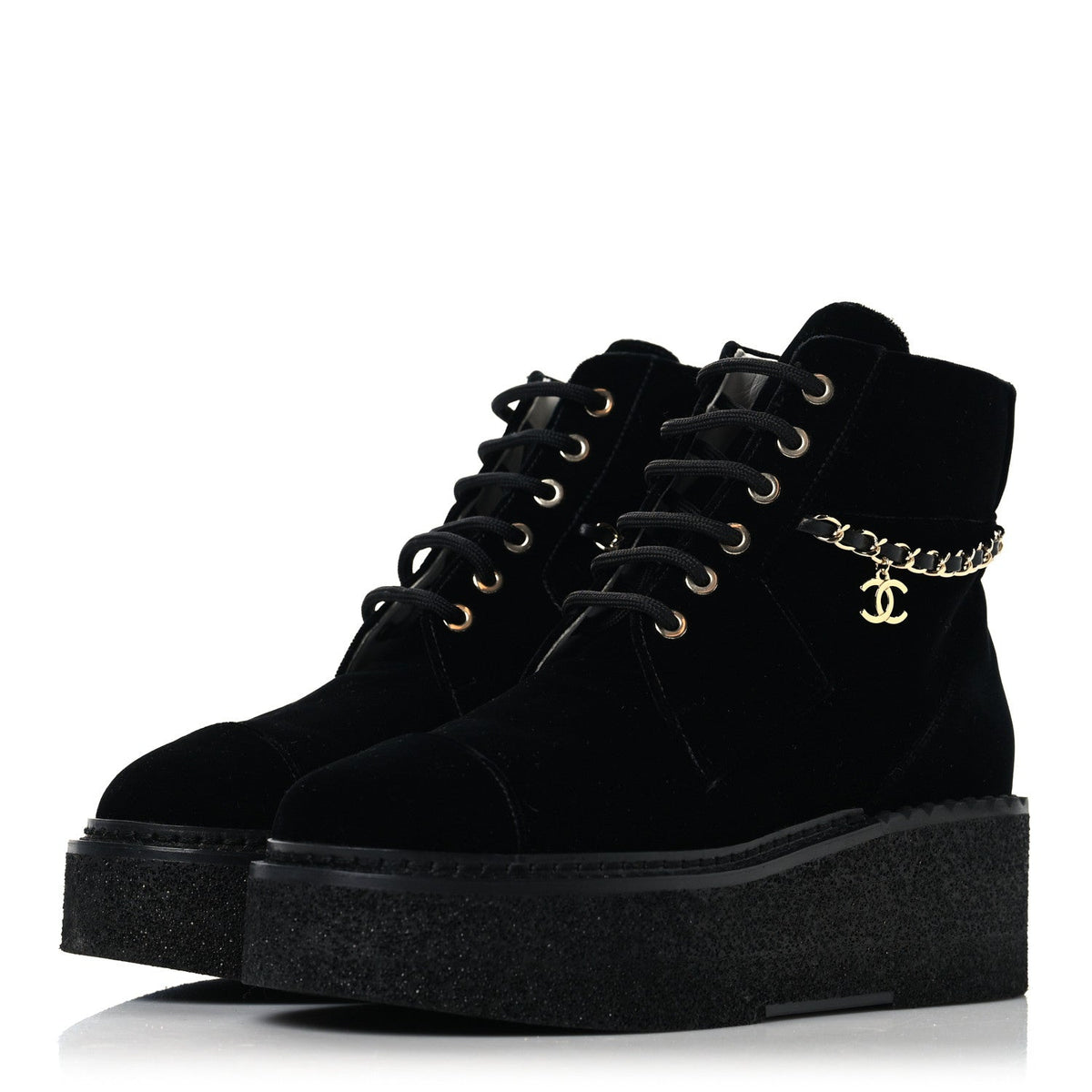 Chanel - Velvet Chain Lace Up CC Short Boots