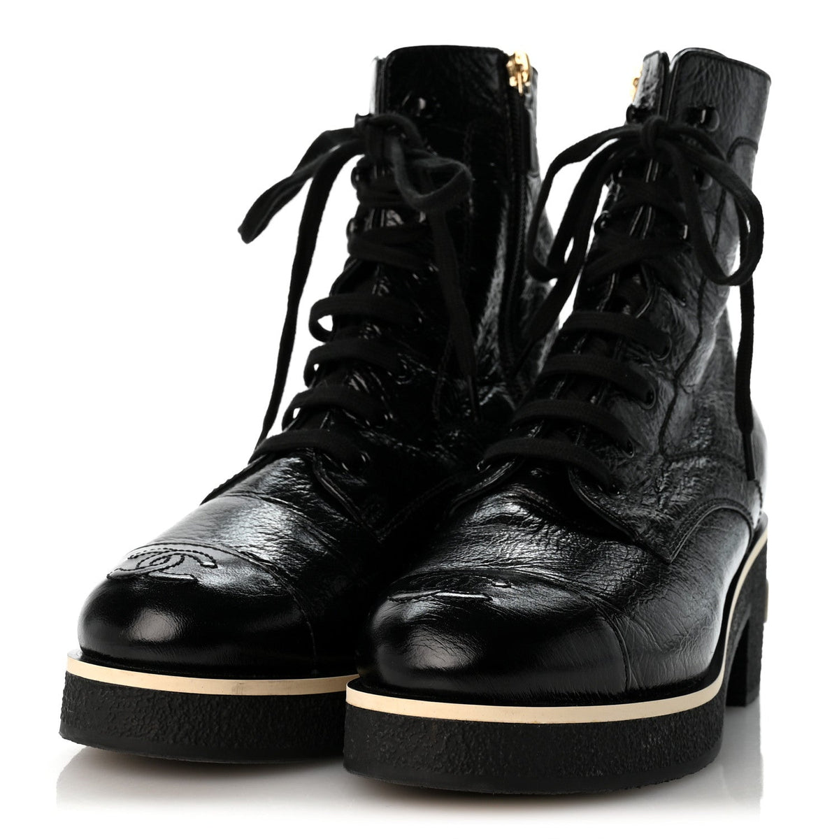 Chanel - Shiny Crumpled Lambskin Lace Up Combat Boots