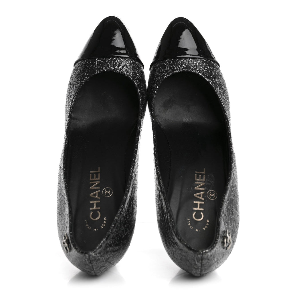 Chanel - Metallic Crackled Calfskin Patent Cap Toe Pumps