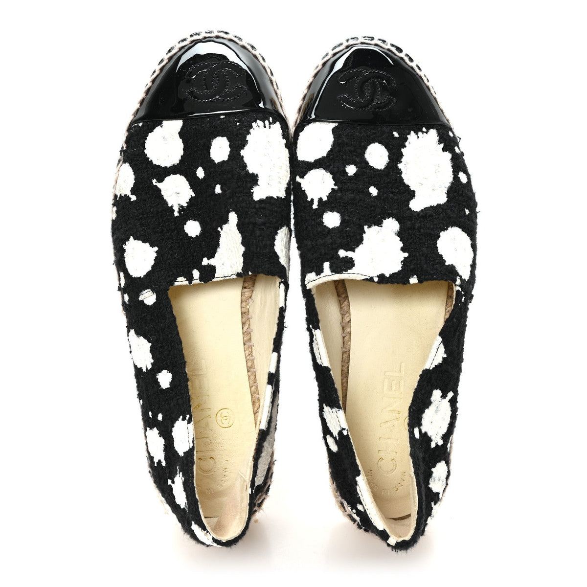 Chanel - Patent Tweed Splatter Paint Print Cap Toe CC Espadrilles