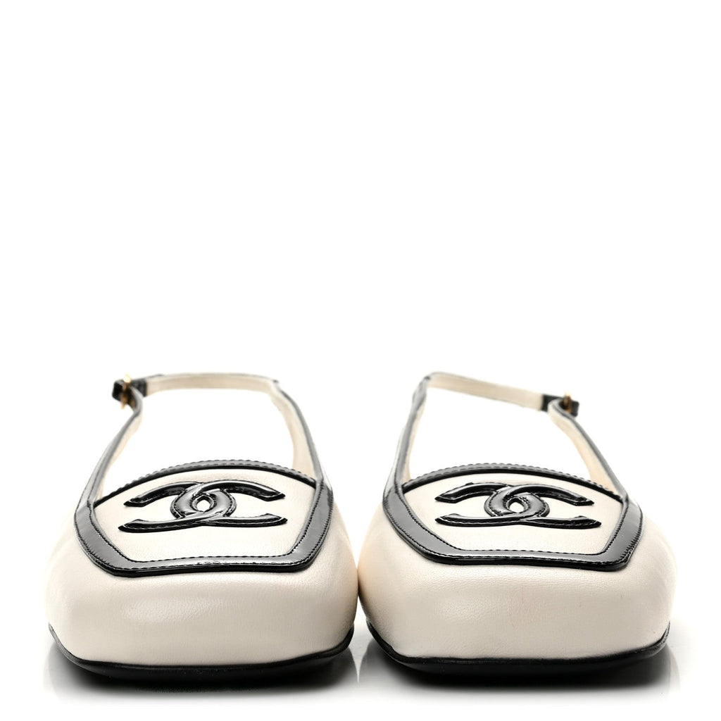 Chanel - Lambskin Patent Calfskin CC Slingback Sandals