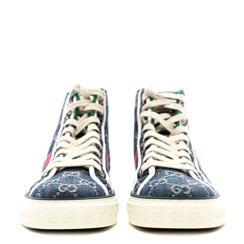 Gucci - New Denim GG Monogram Web 1977 Tennis High Top Sneakers 7.5 Blue Tea Mystic White