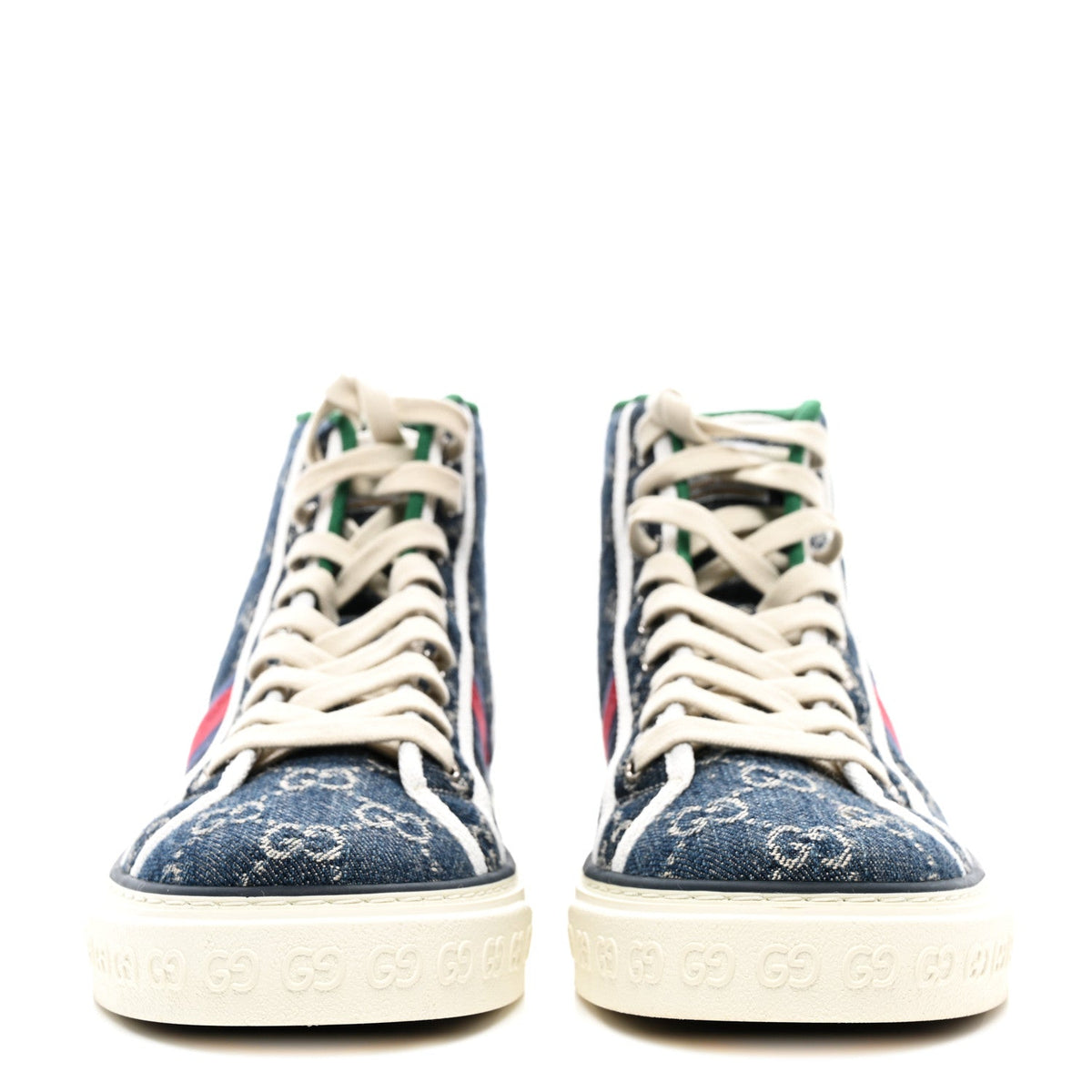 Gucci - New Denim GG Monogram Web 1977 Tennis High Top Sneakers 7.5 Blue Tea Mystic White
