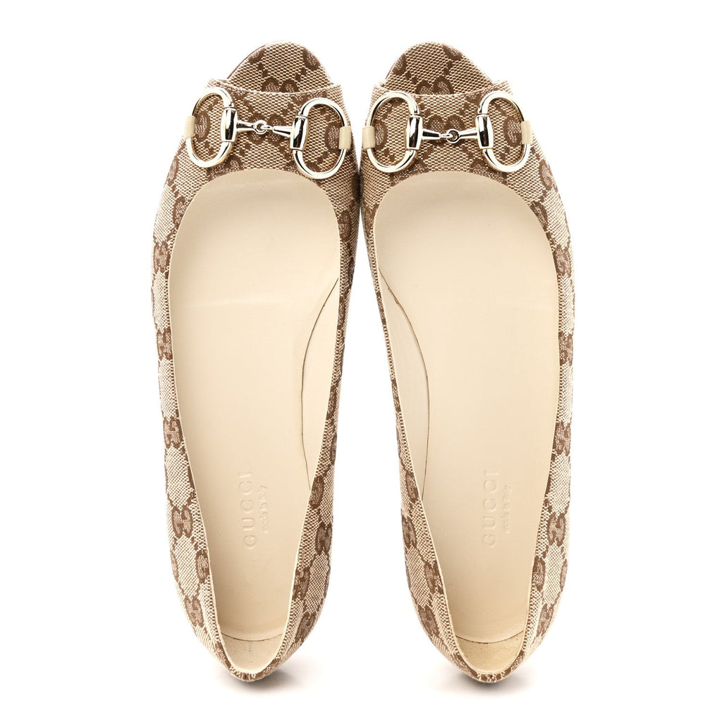 Gucci - Monogram Miro Soft Calfskin Horsebit Peep Toe Flats 6 Beige Ebony Mystic White