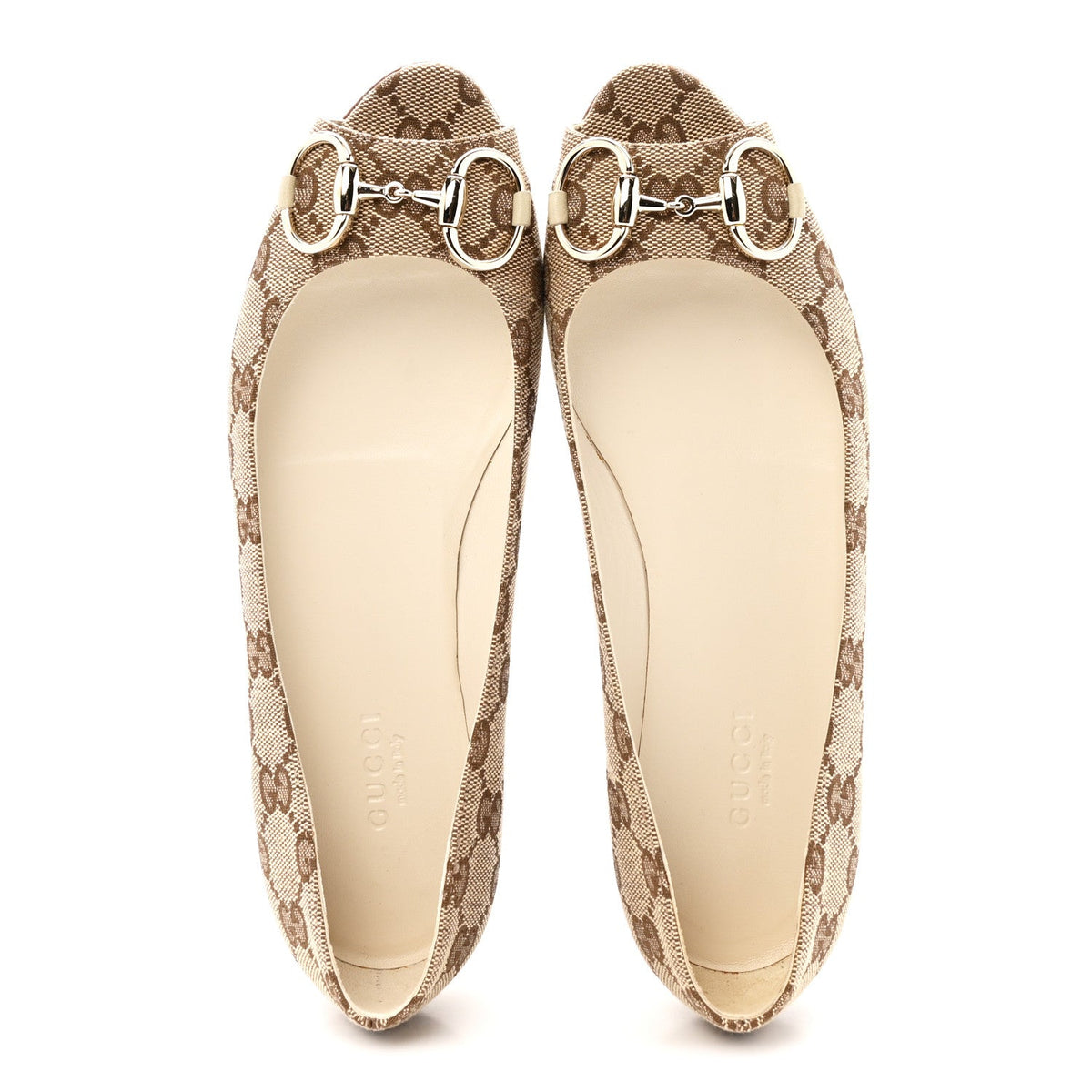 Gucci - Monogram Miro Soft Calfskin Horsebit Peep Toe Flats 6 Beige Ebony Mystic White