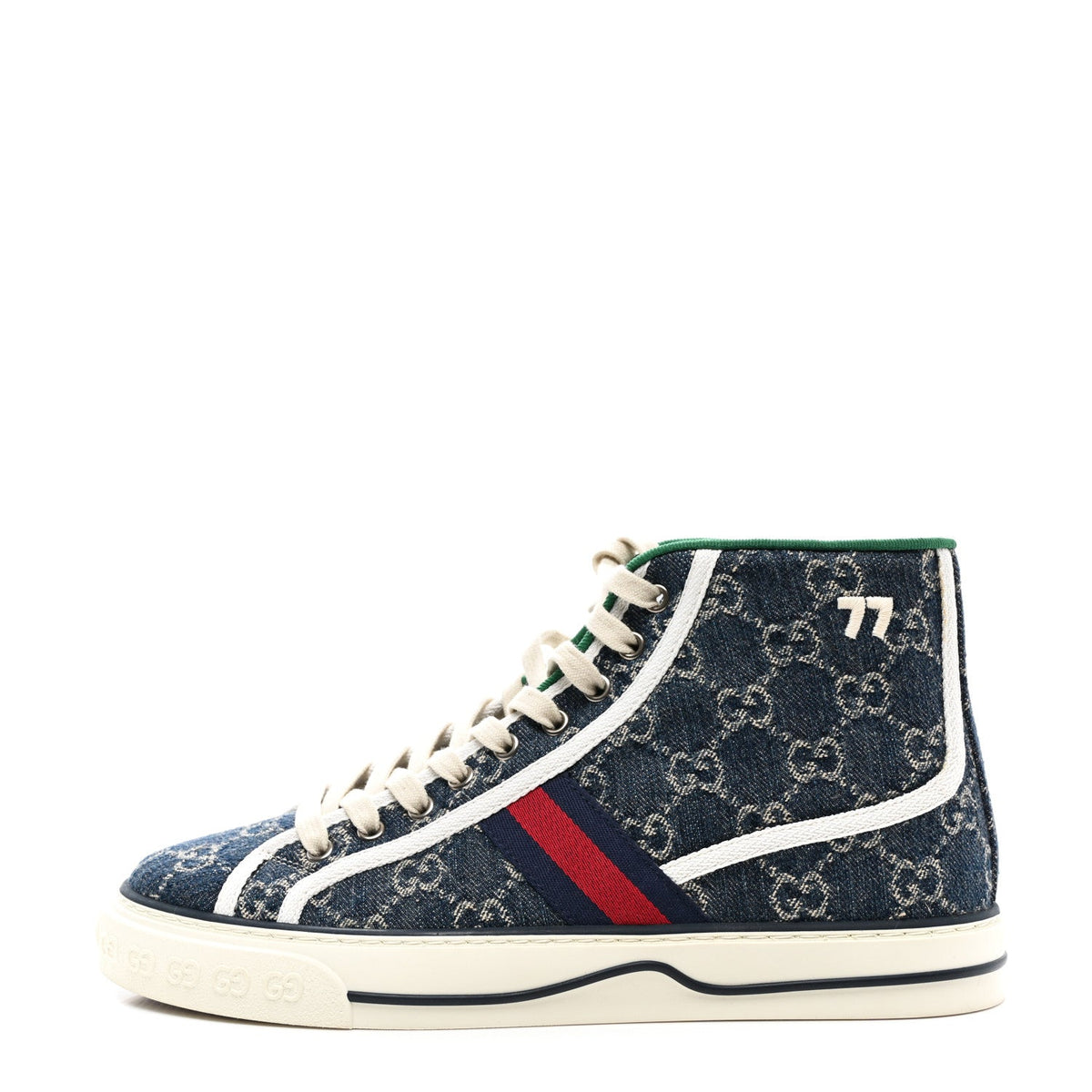 Gucci - New Denim GG Monogram Web 1977 Tennis High Top Sneakers 7.5 Blue Tea Mystic White