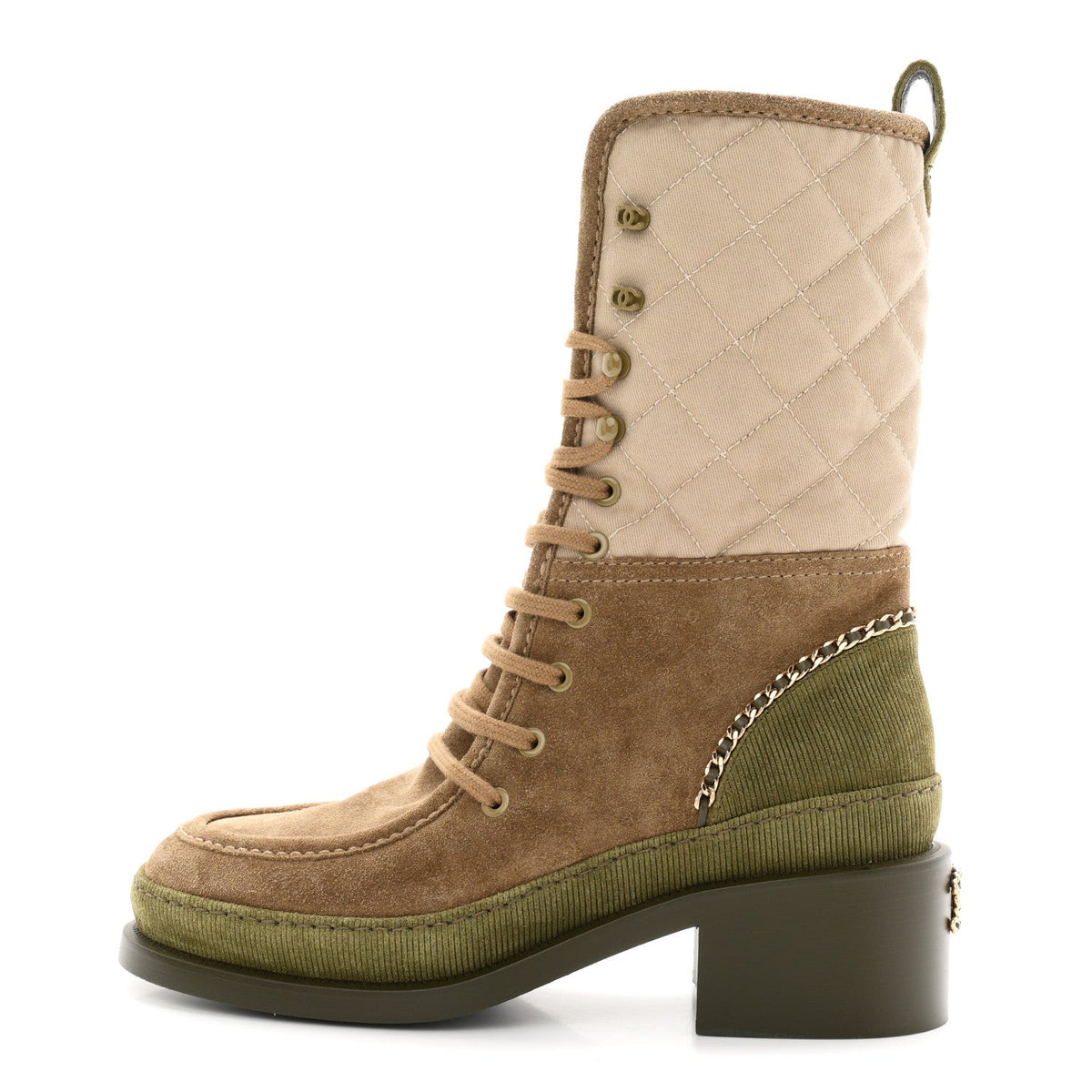 Chanel - Suede Calfskin Cotton Quilted CC Chain Combat Boots