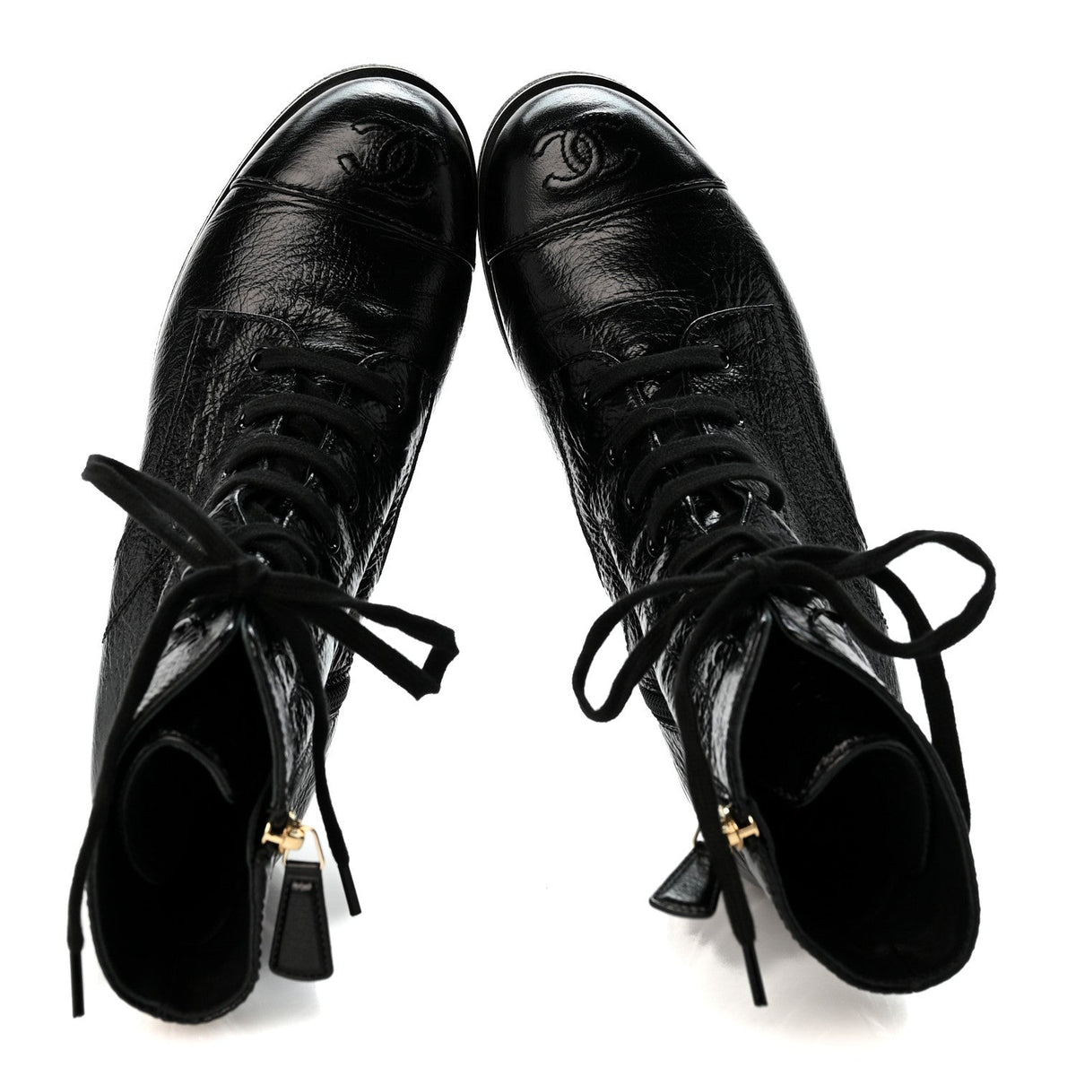 Chanel - Shiny Crumpled Lambskin Lace Up Combat Boots