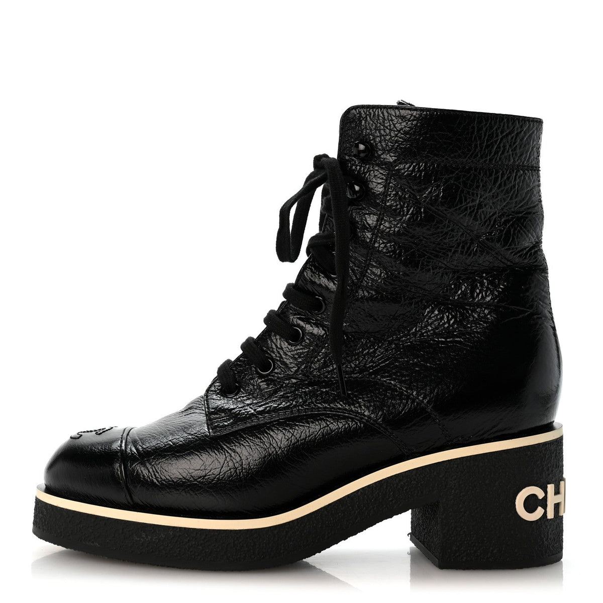 Chanel - Shiny Crumpled Lambskin Lace Up Combat Boots