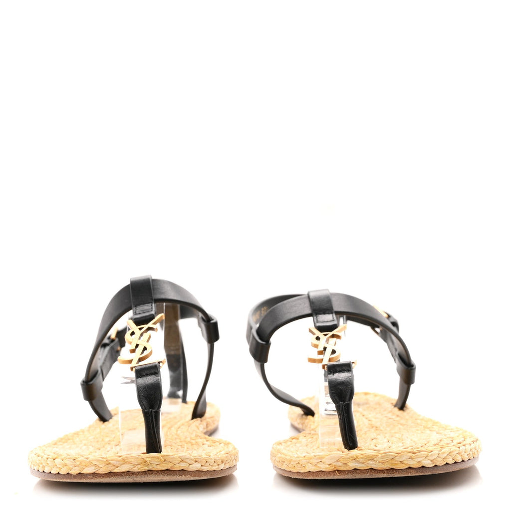 Saint Laurent - Calfskin Raffia Cassandra Monogram Sandals