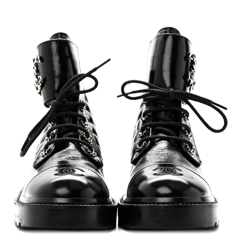 Chanel - Shiny Lambskin Quilted Lace Up Combat Boots