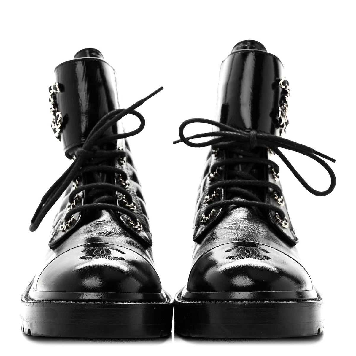Chanel - Shiny Lambskin Quilted Lace Up Combat Boots