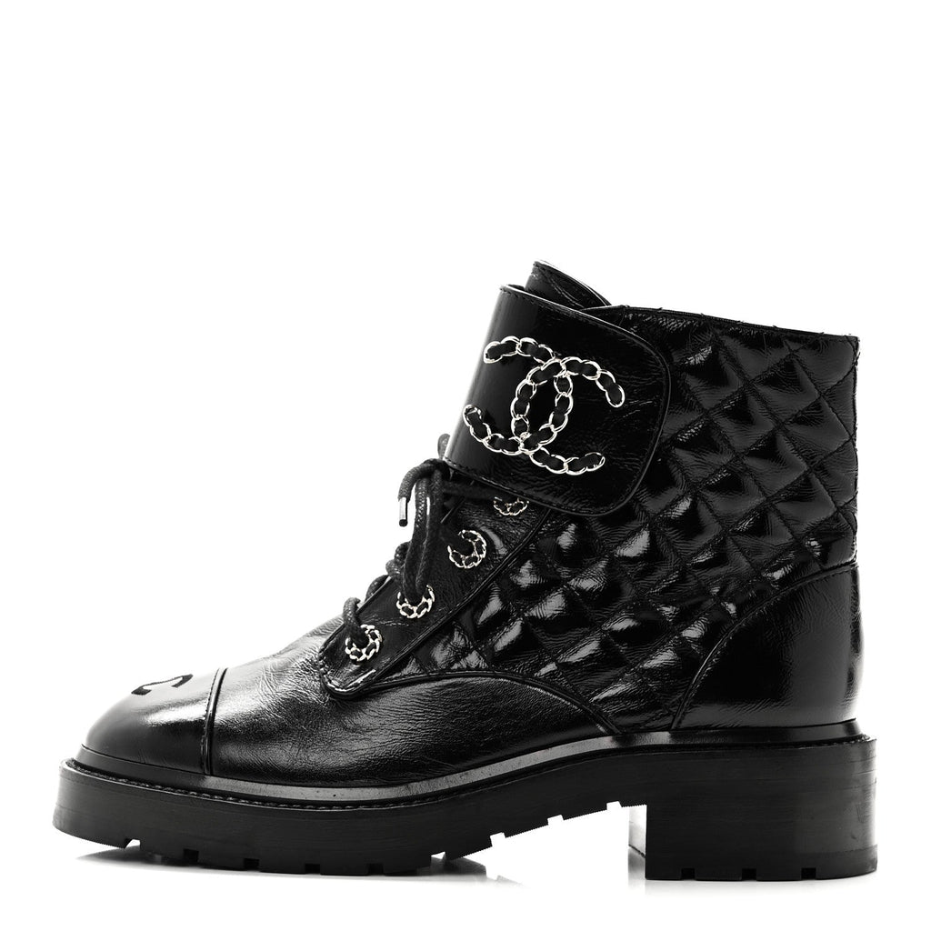 Chanel - Shiny Lambskin Quilted Lace Up Combat Boots