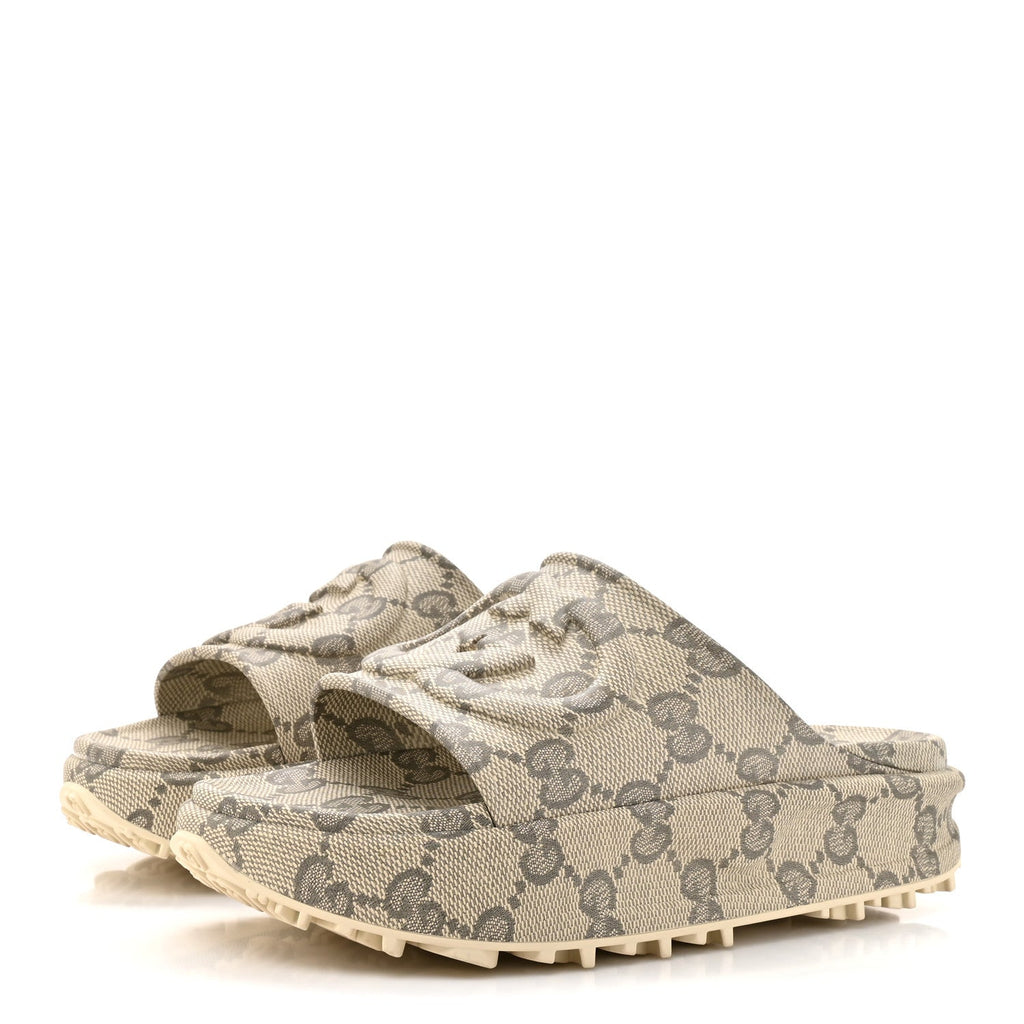Gucci - Cubic Rubber GG Monogram Interlocking G Platform 42mm Slide Sandals 10 Beige Ebony