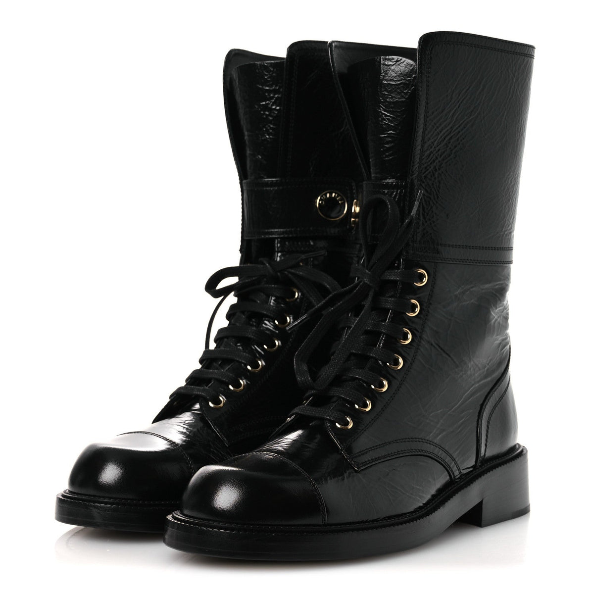 Chanel - Shiny Calfskin Lace Up Combat Boots