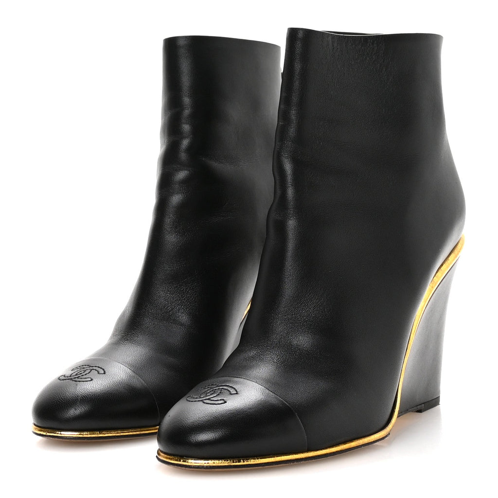 Chanel - Lambskin Cap Toe Wedge Ankle Boots