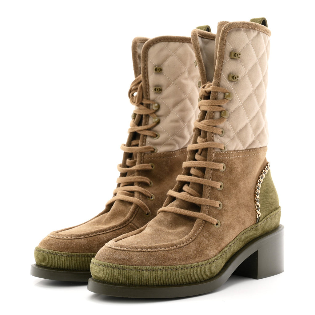 Chanel - Suede Calfskin Cotton Quilted CC Chain Combat Boots