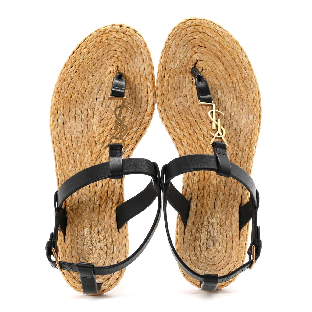 Saint Laurent - Calfskin Raffia Cassandra Monogram Sandals