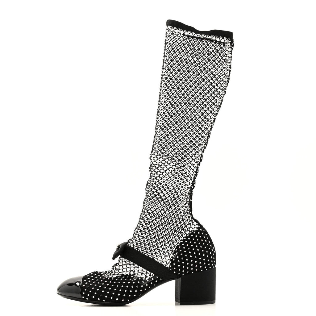 Chanel - Mesh Crystal Patent CC Bow High Boots