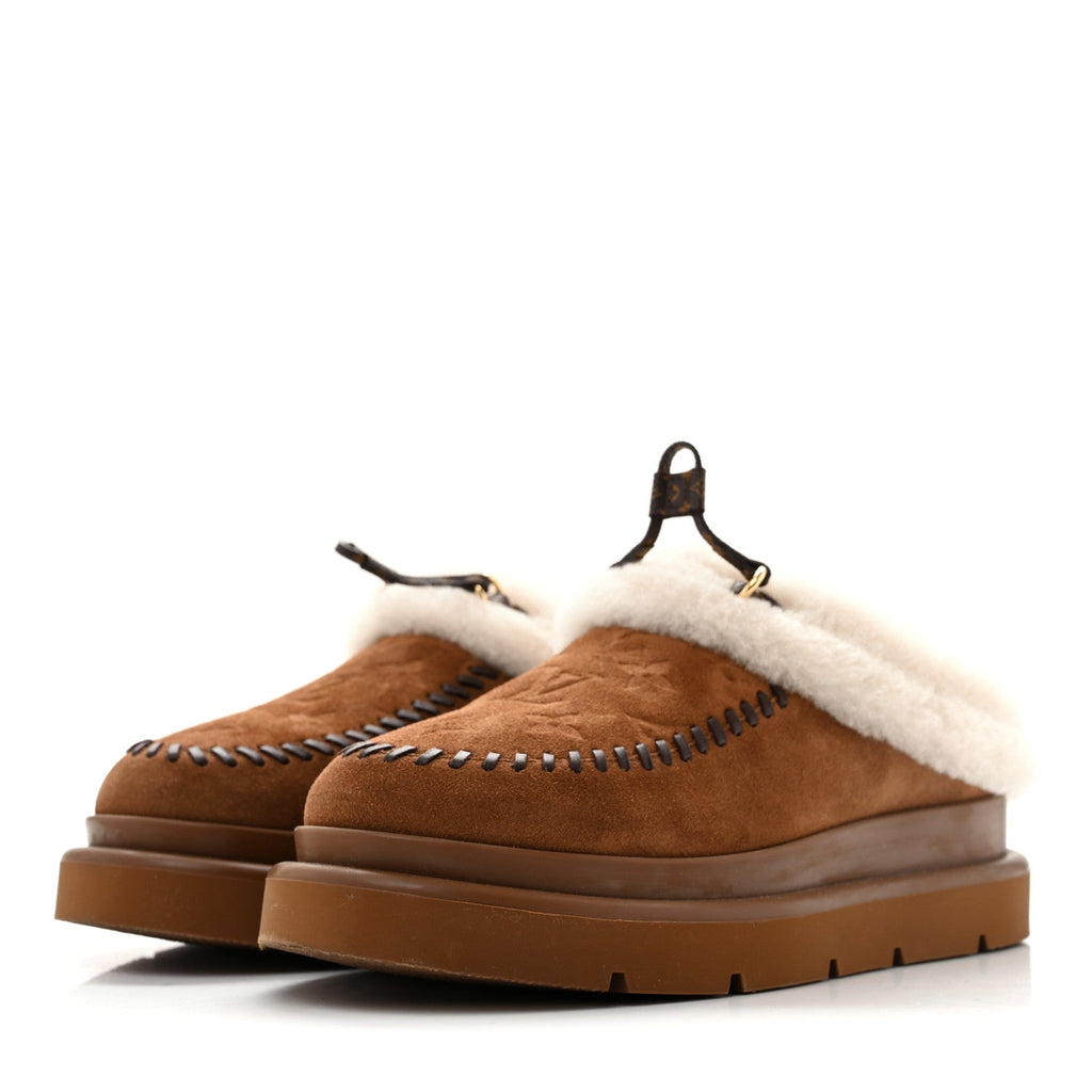 Louis Vuitton - Suede Calfskin Shearling Monogram Debossed Cortina Closed Mule