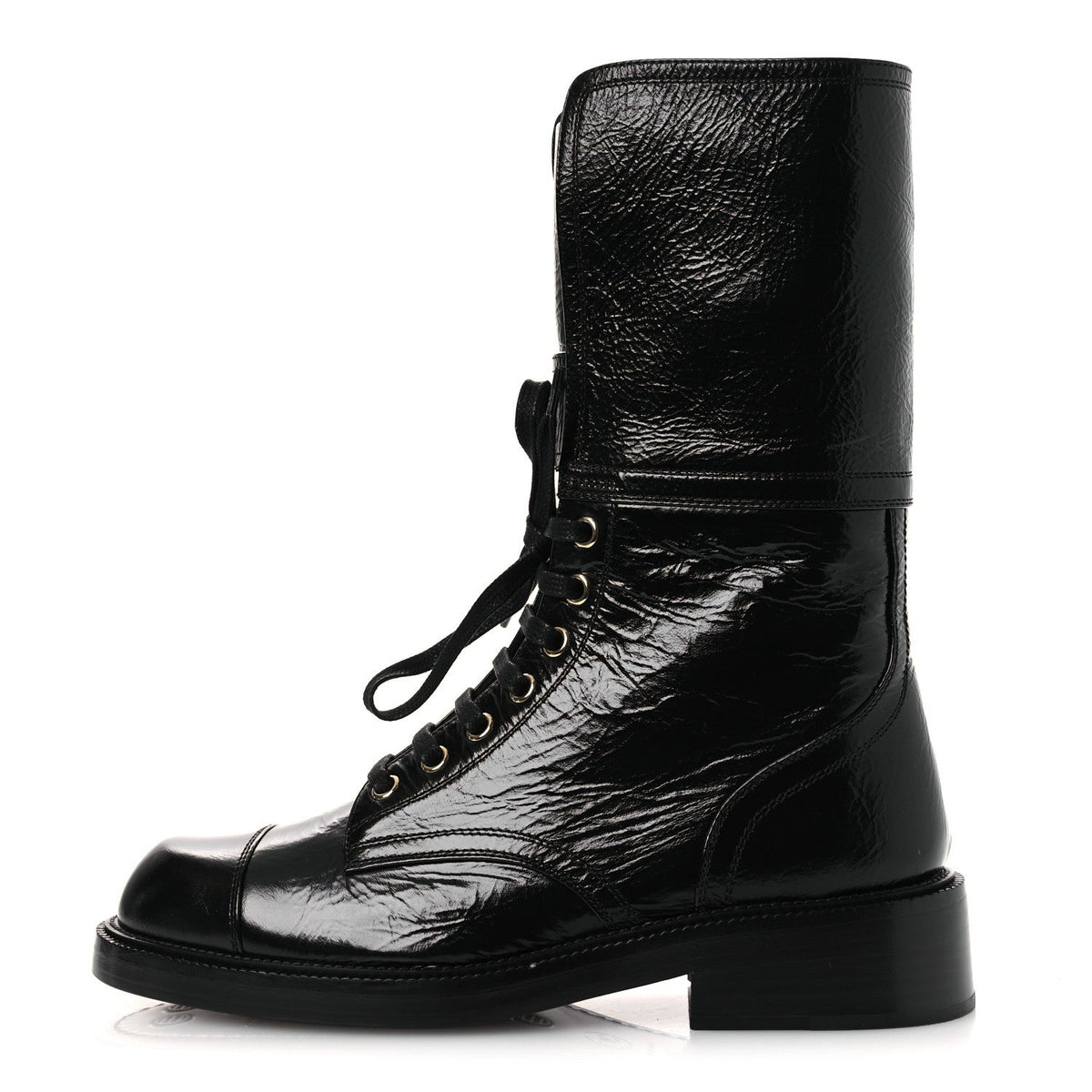 Chanel - Shiny Calfskin Lace Up Combat Boots