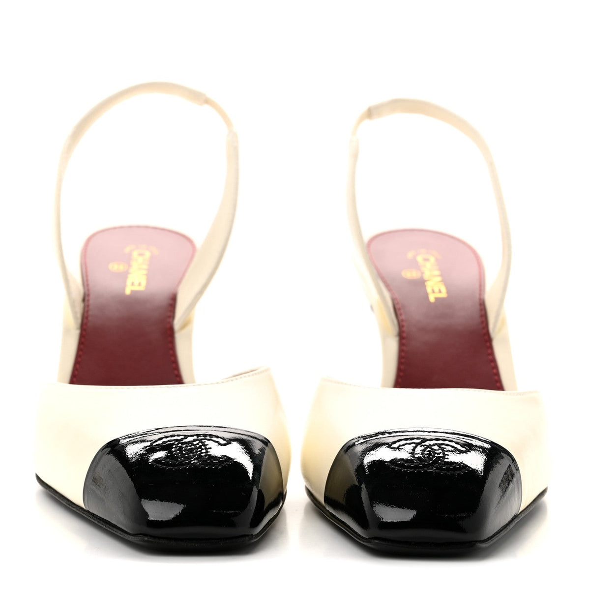Chanel - Lambskin Patent Calfskin Cap Toe CC Slingback Pumps