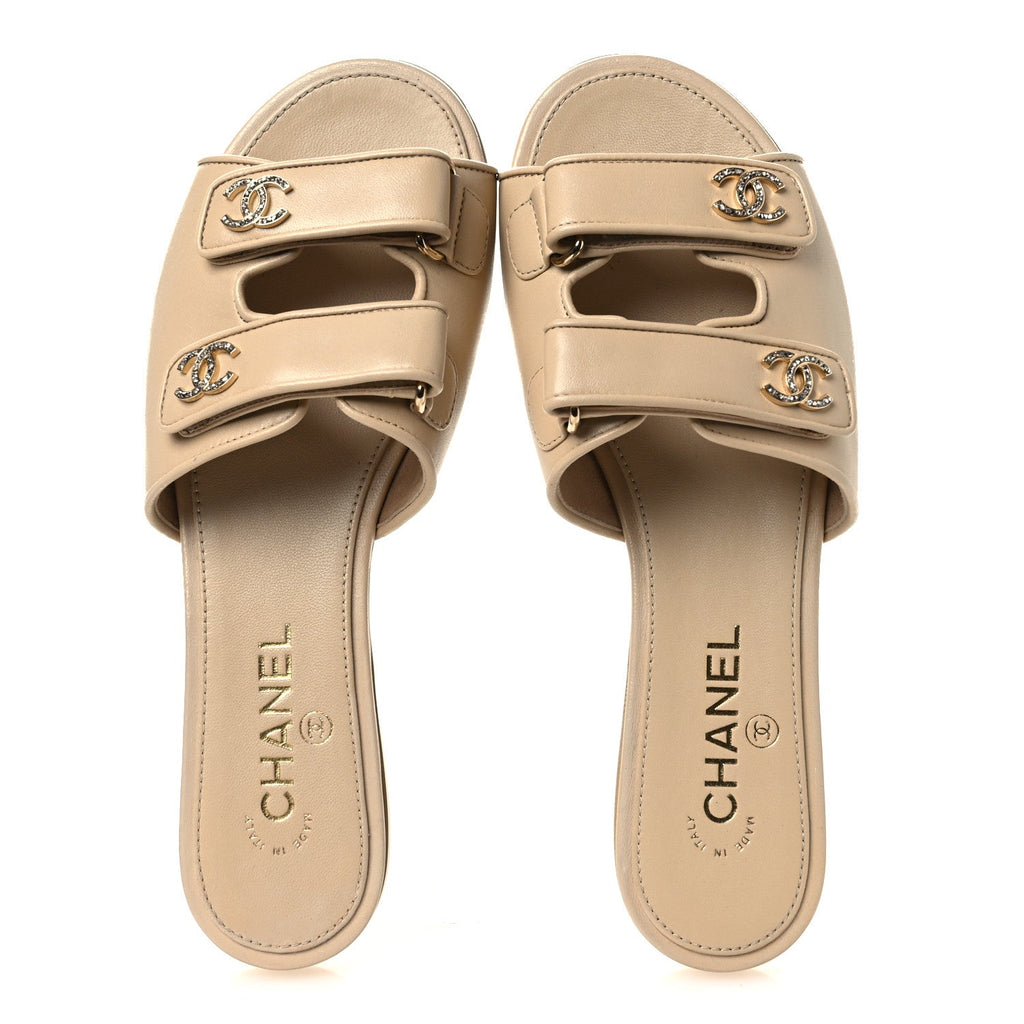 Chanel - Lambskin Velcro Crystal CC Mules