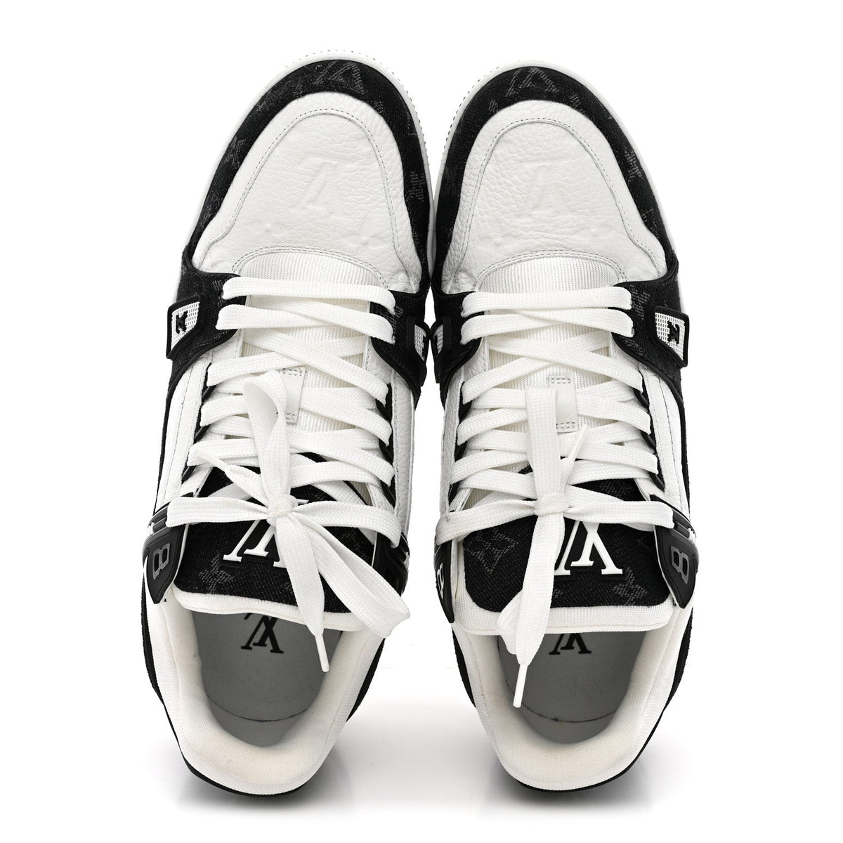 Louis Vuitton - Calfskin Embossed Monogram Denim LV Trainer Sneakers 10 Black