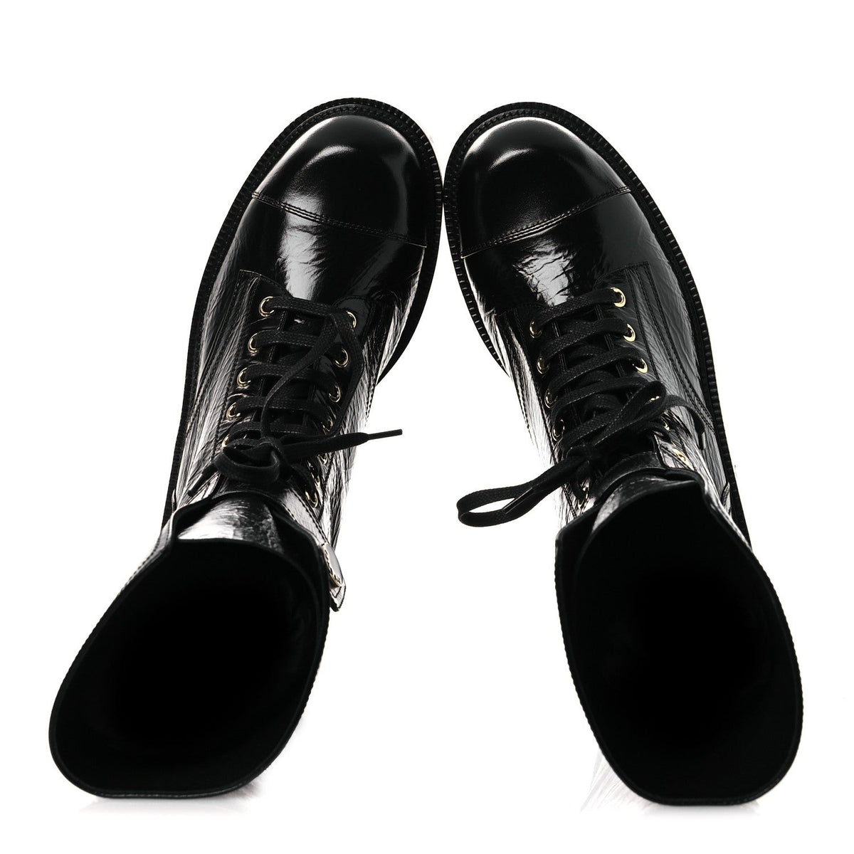 Chanel - Shiny Calfskin Lace Up Combat Boots