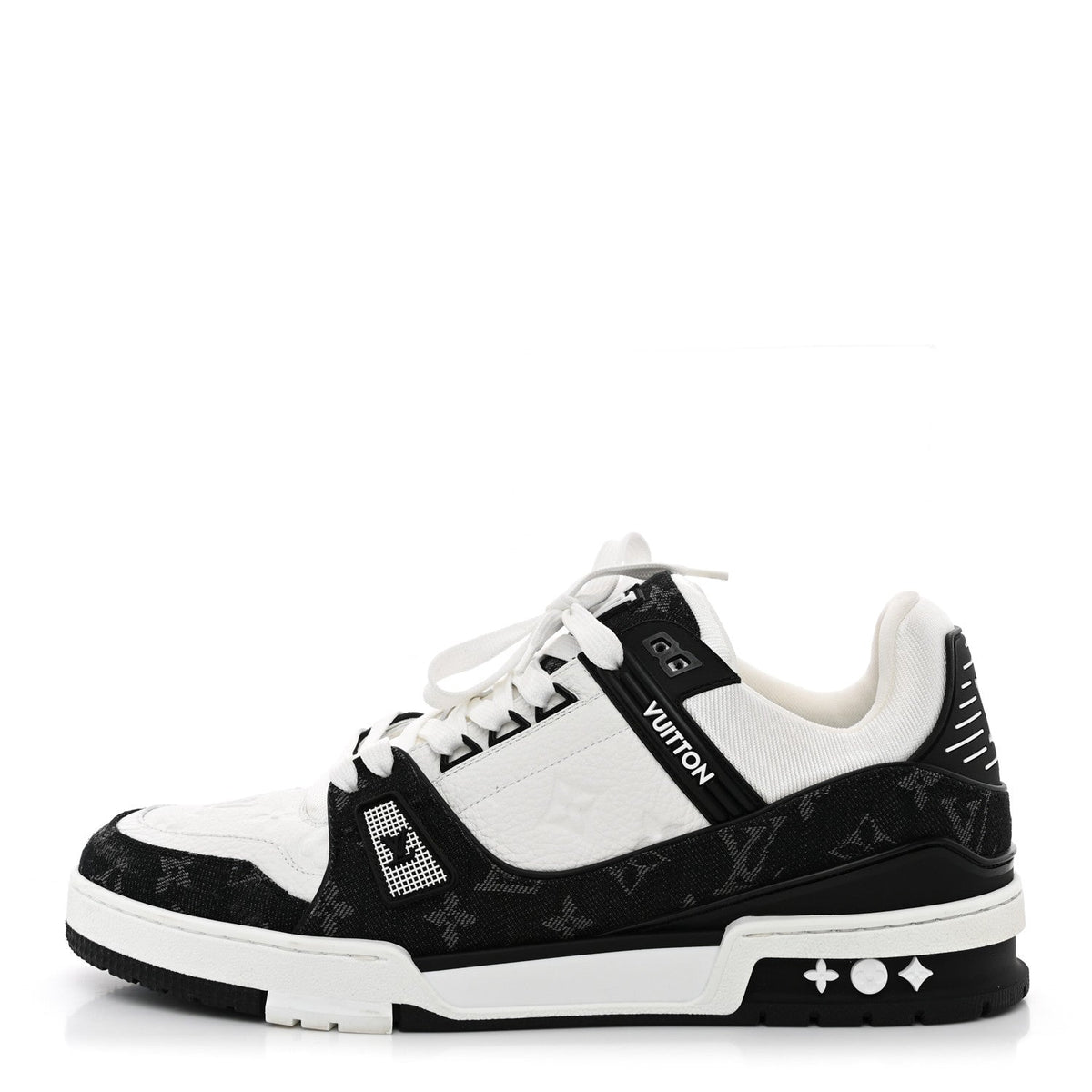 Louis Vuitton - Calfskin Embossed Monogram Denim LV Trainer Sneakers 10 Black