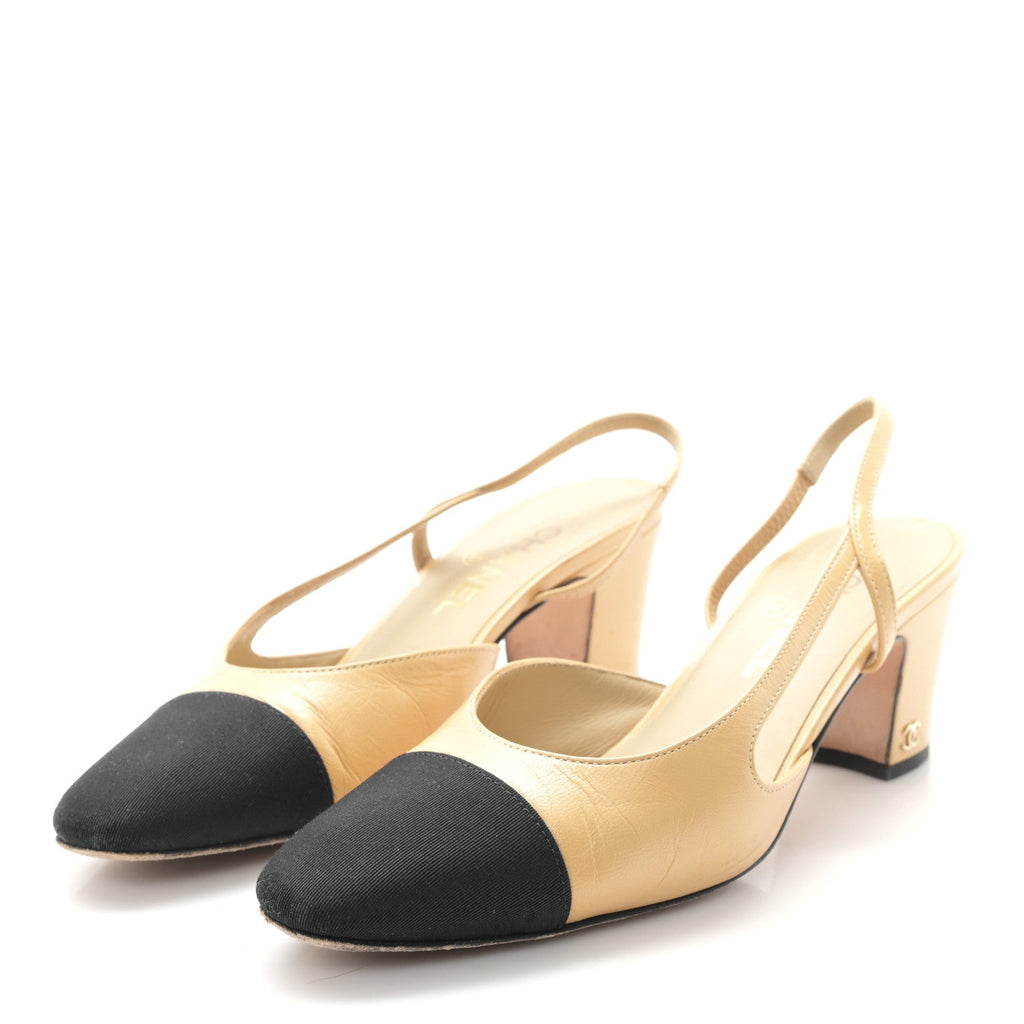 Chanel - Goatskin Grosgrain Cap Toe CC Slingback Pumps
