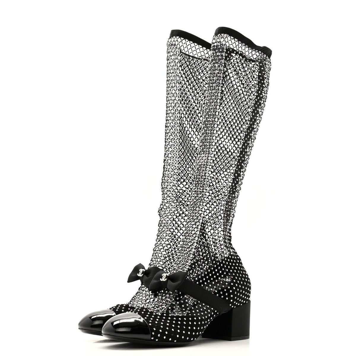 Chanel - Mesh Crystal Patent CC Bow High Boots