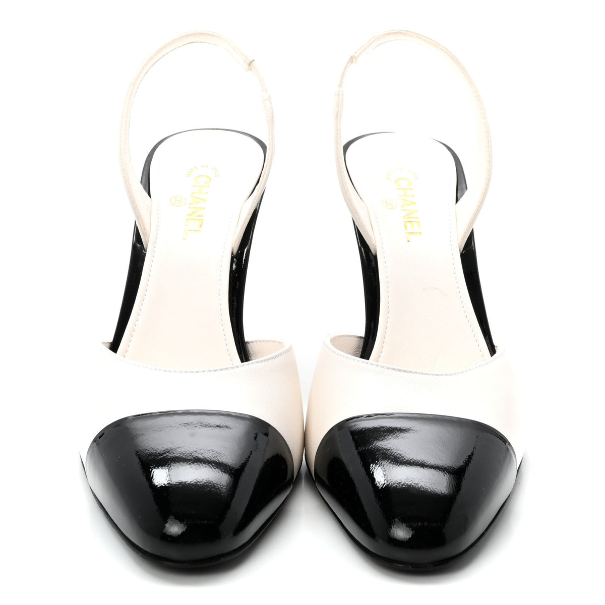Chanel - Lambskin Patent Calfskin Cap Toe CC Apple Slingback Pumps