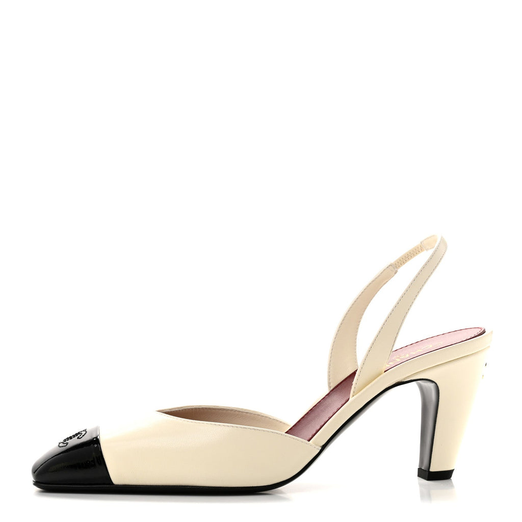 Chanel - Lambskin Patent Calfskin Cap Toe CC Slingback Pumps