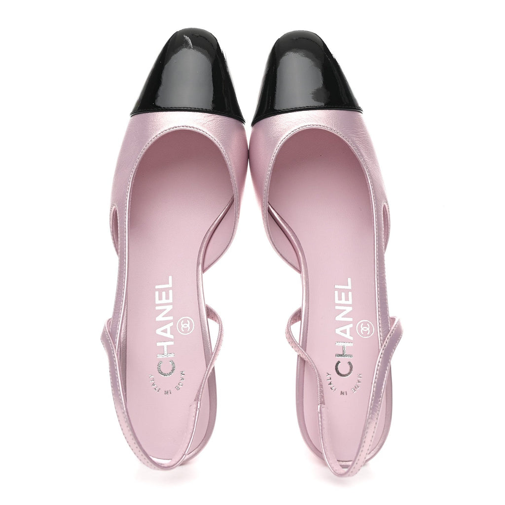 Chanel - Laminated Lambskin Patent Cap Toe CC Slingback Pumps