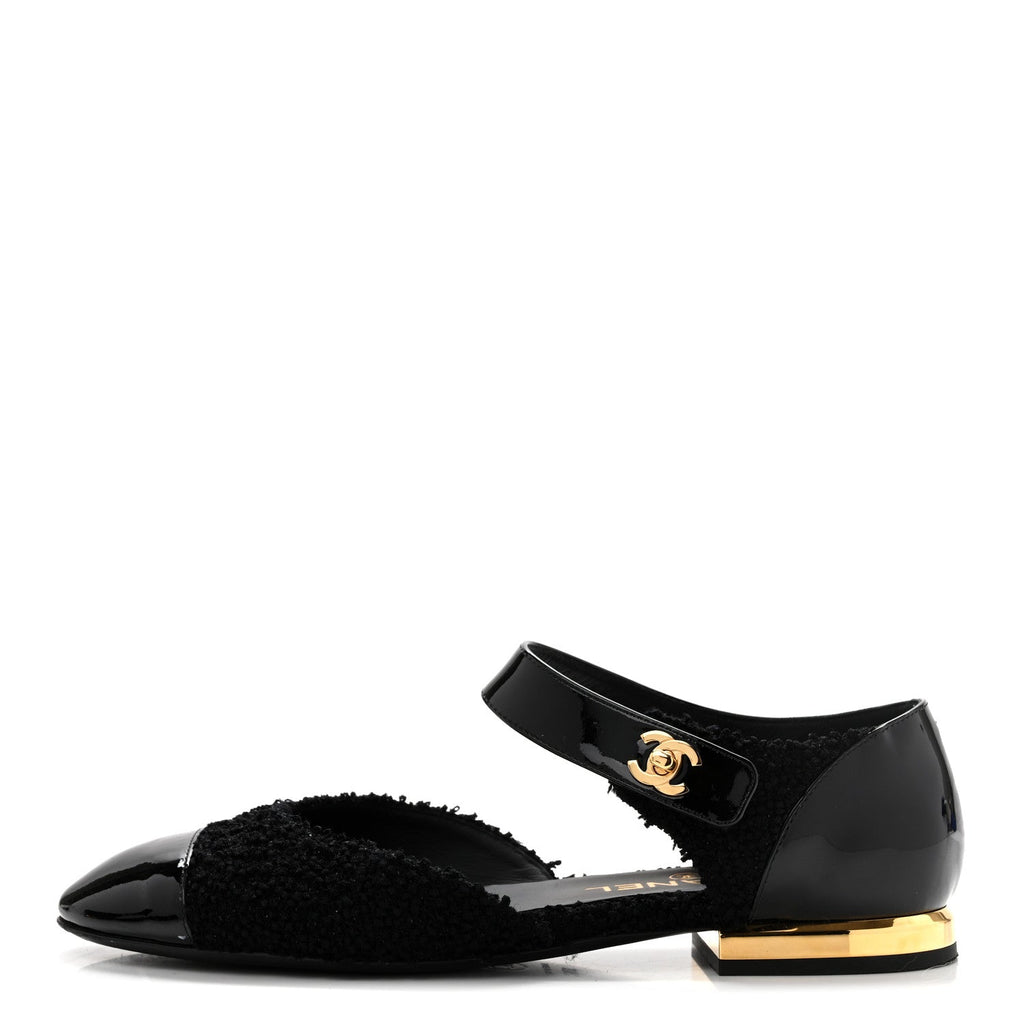 Chanel - Tweed Patent Cap Toe Ballerina Flats