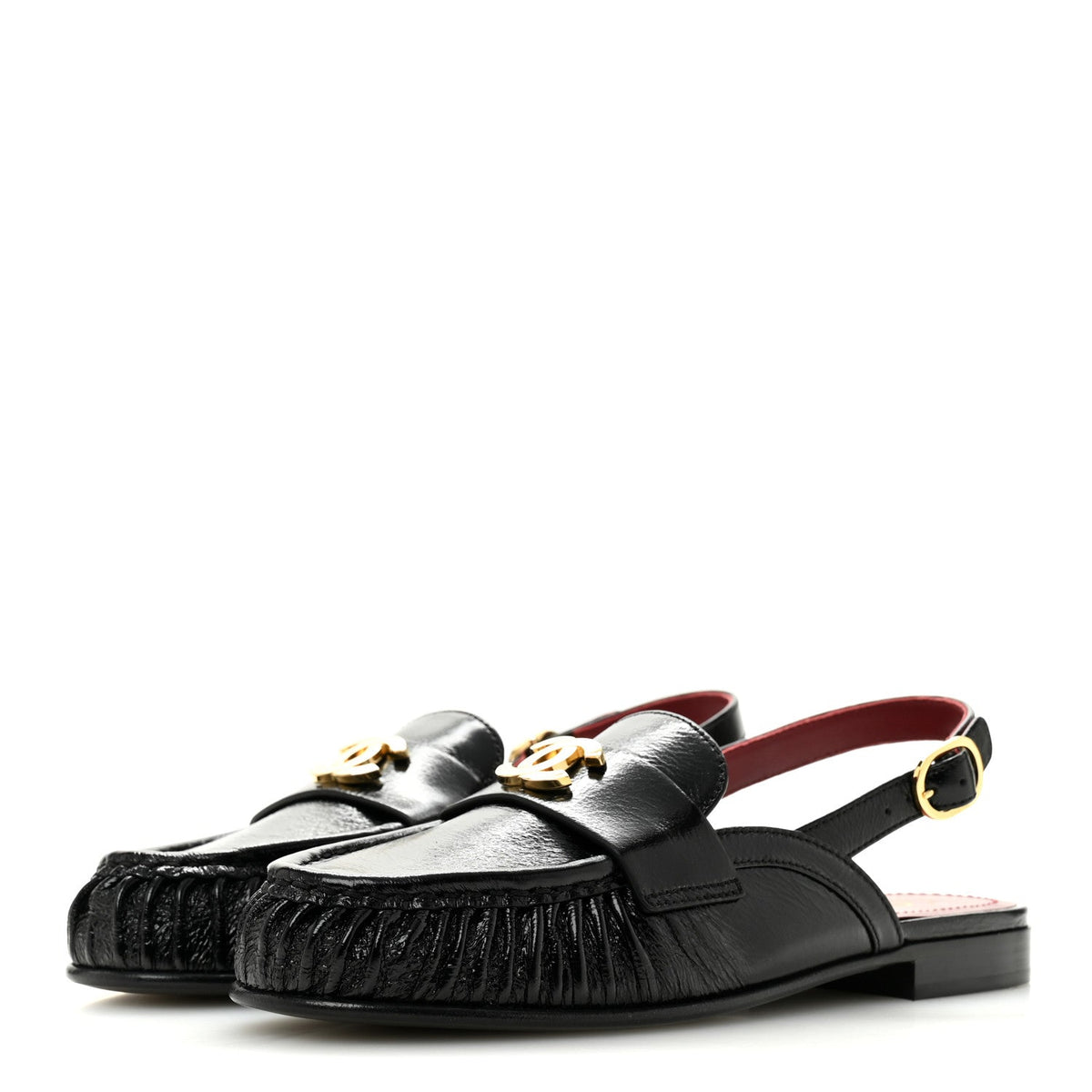 Chanel - Crumpled Shiny Lambskin CC Slingback Mocassins