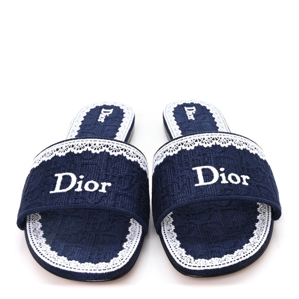 Dior - Oblique Embroidered Cotton Lace Dentelle Flat Slide Sandals