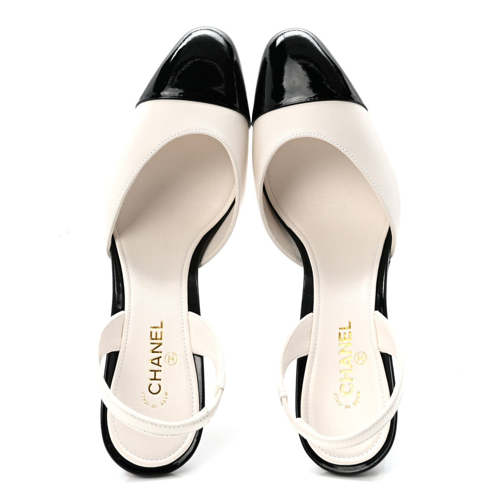 Chanel - Lambskin Patent Calfskin Cap Toe CC Apple Slingback Pumps