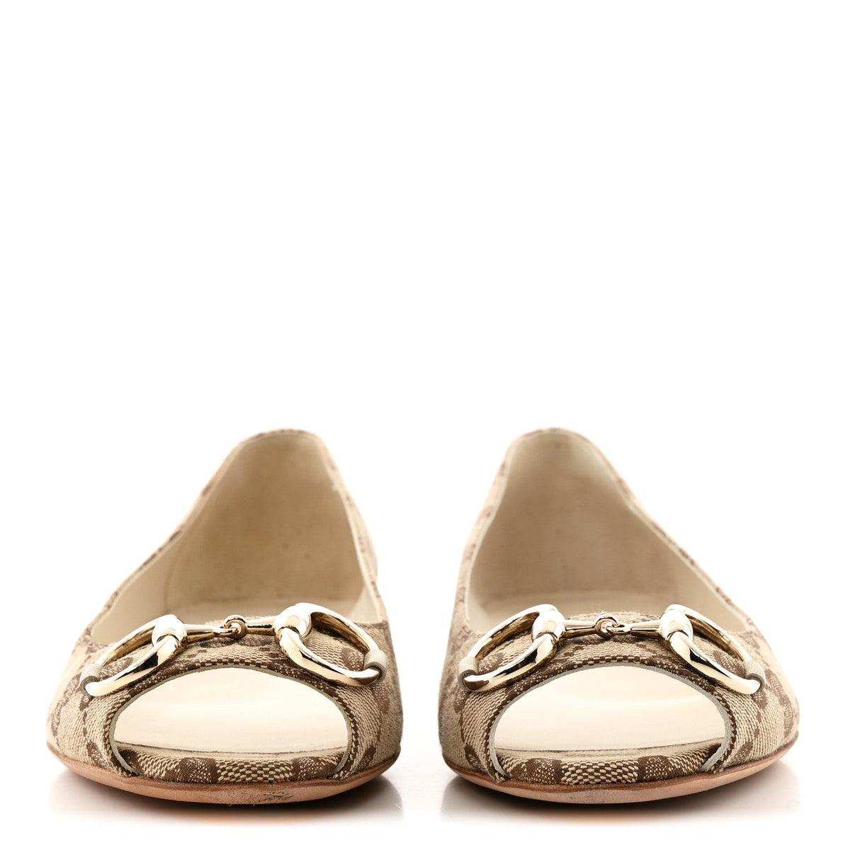 Gucci - Monogram Miro Soft Calfskin Horsebit Peep Toe Flats 6 Beige Ebony Mystic White