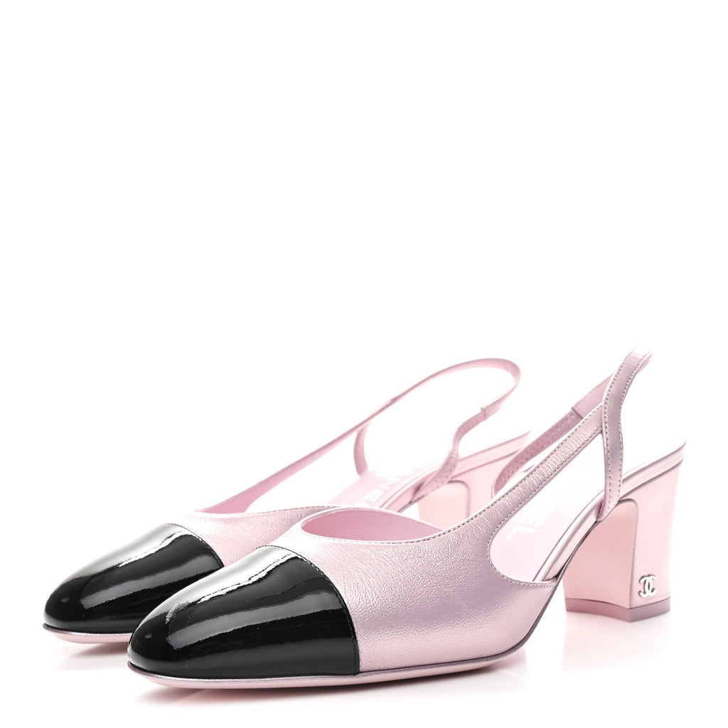 Chanel - Laminated Lambskin Patent Cap Toe CC Slingback Pumps