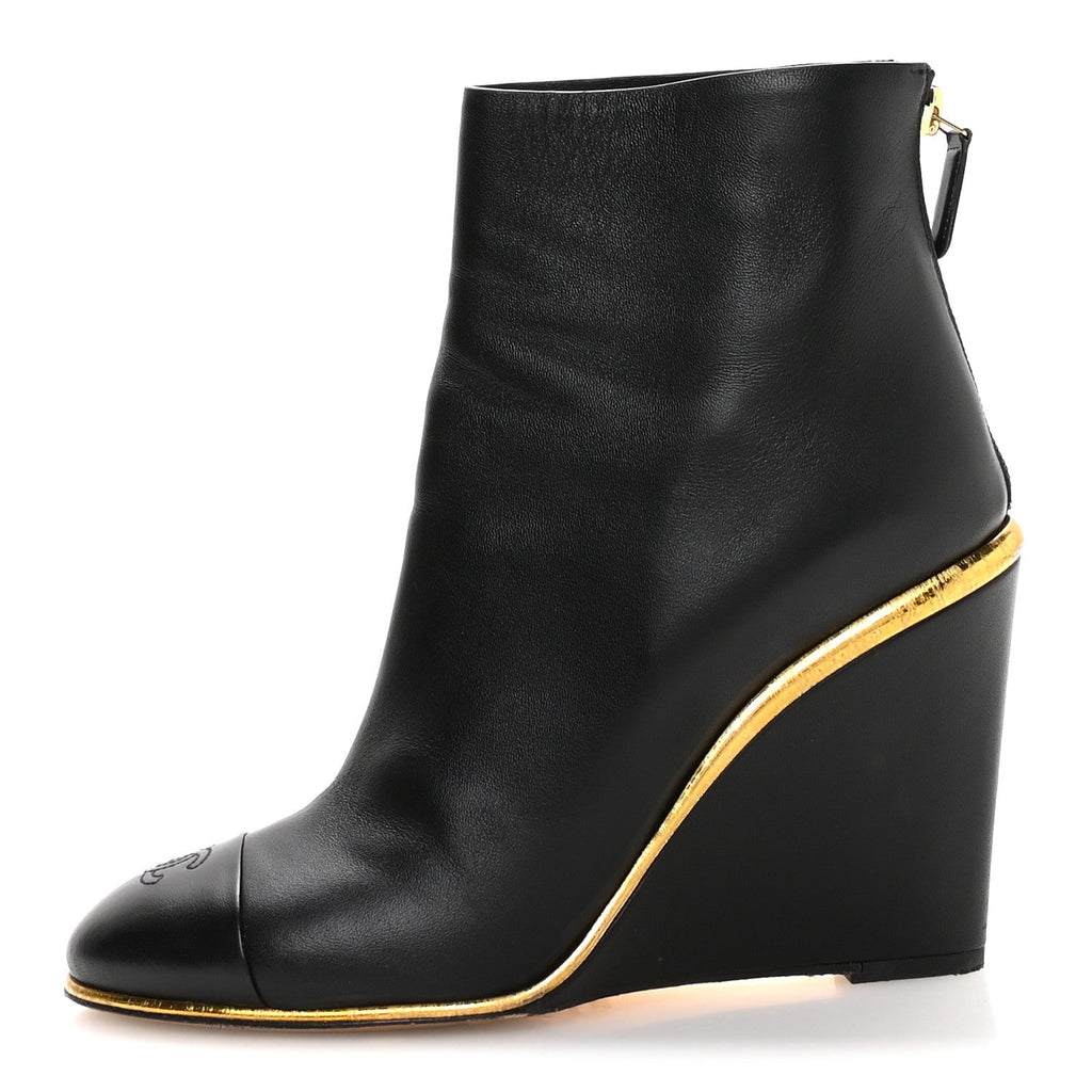 Chanel - Lambskin Cap Toe Wedge Ankle Boots