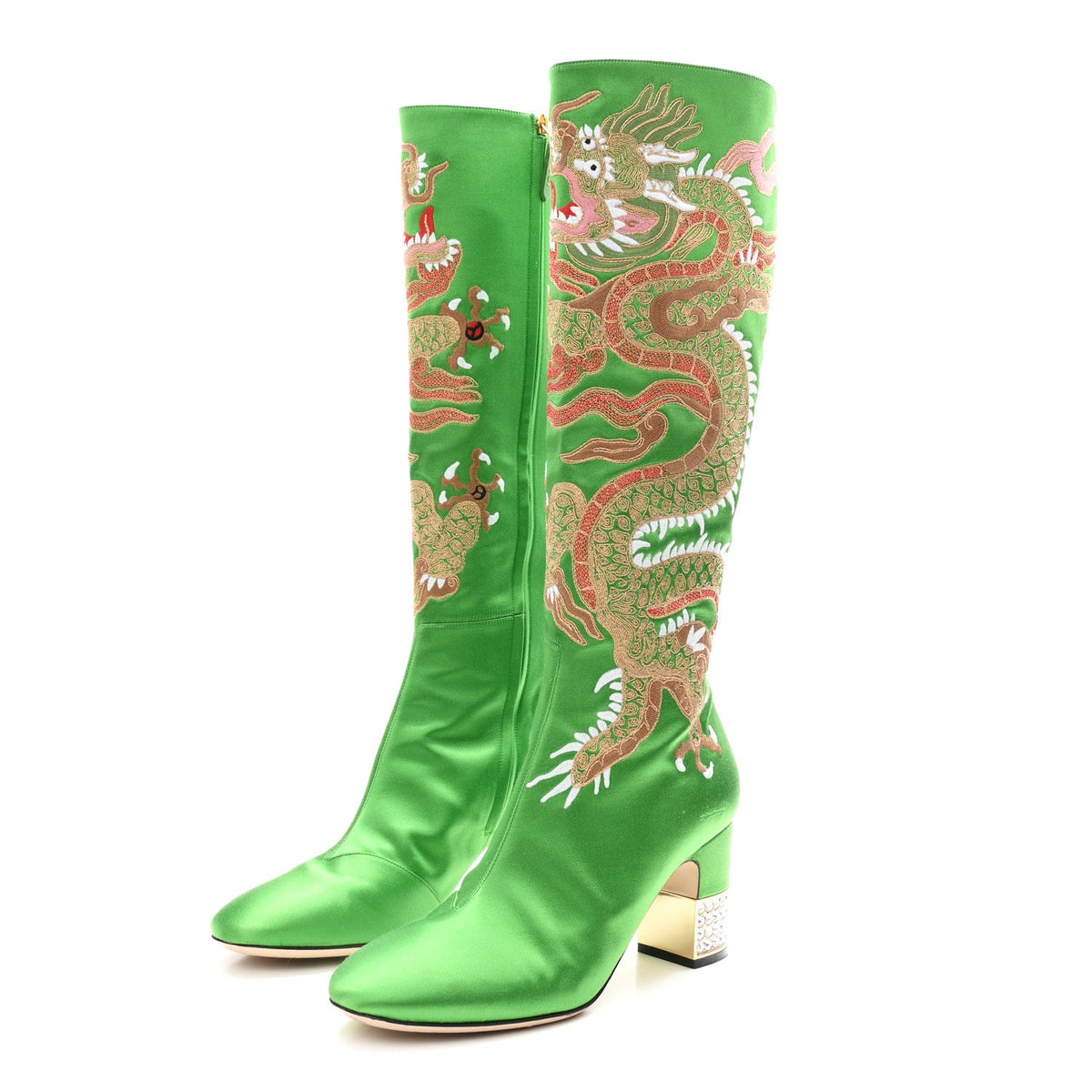 Gucci - Silk Satin Malaga Kid Embroidered Candy Dragon Block-Heel Knee Boot