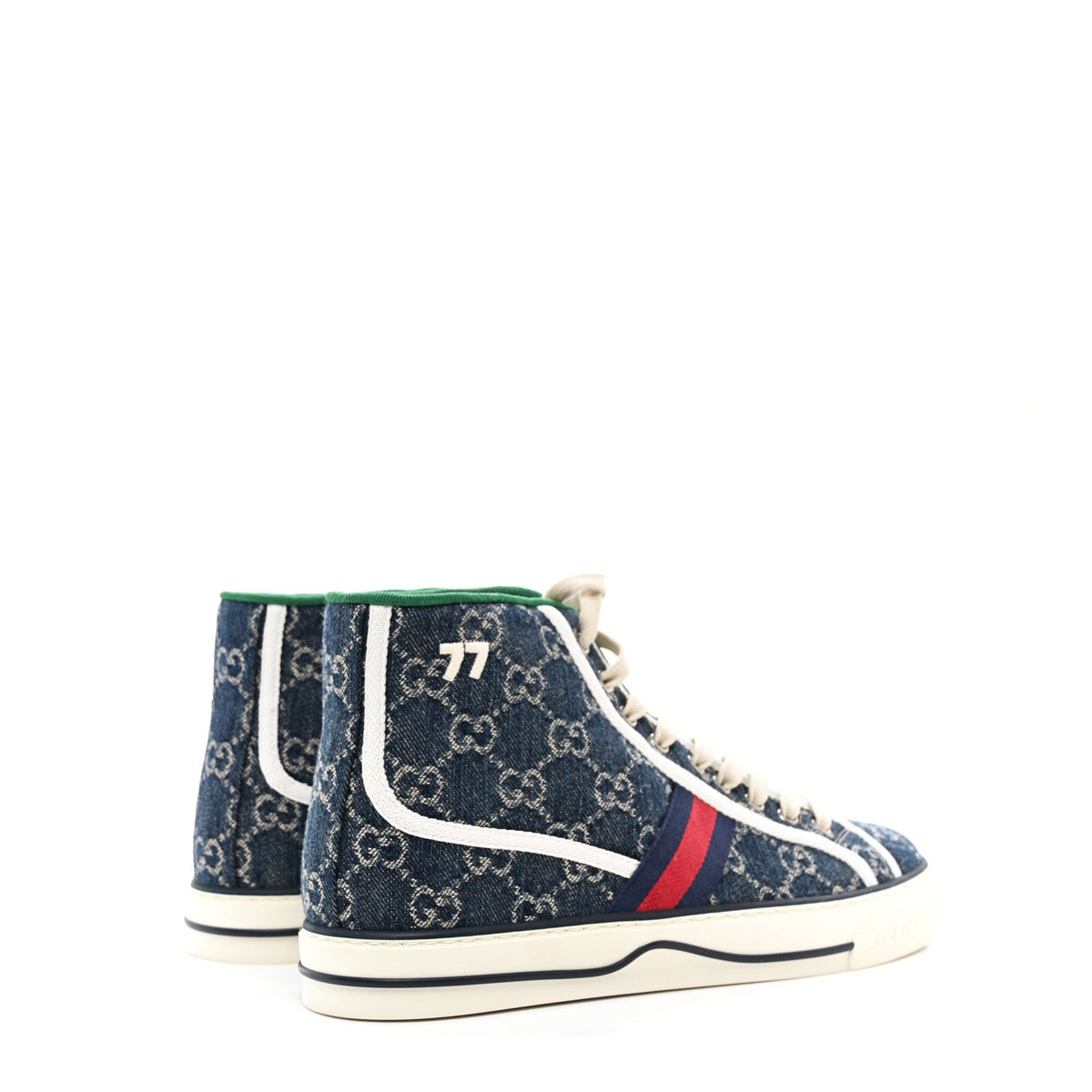 Gucci - New Denim GG Monogram Web 1977 Tennis High Top Sneakers 7.5 Blue Tea Mystic White